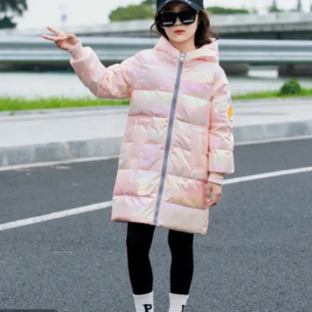 新款儿童棉服男女童韩版中长款连帽上衣新品炫彩加厚棉服