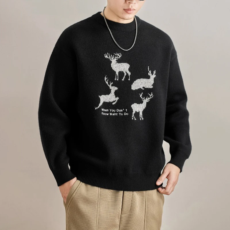 MR.MUDI/穆迪先生美式重磅麋鹿撞色印花毛衣男士秋冬季新款休闲