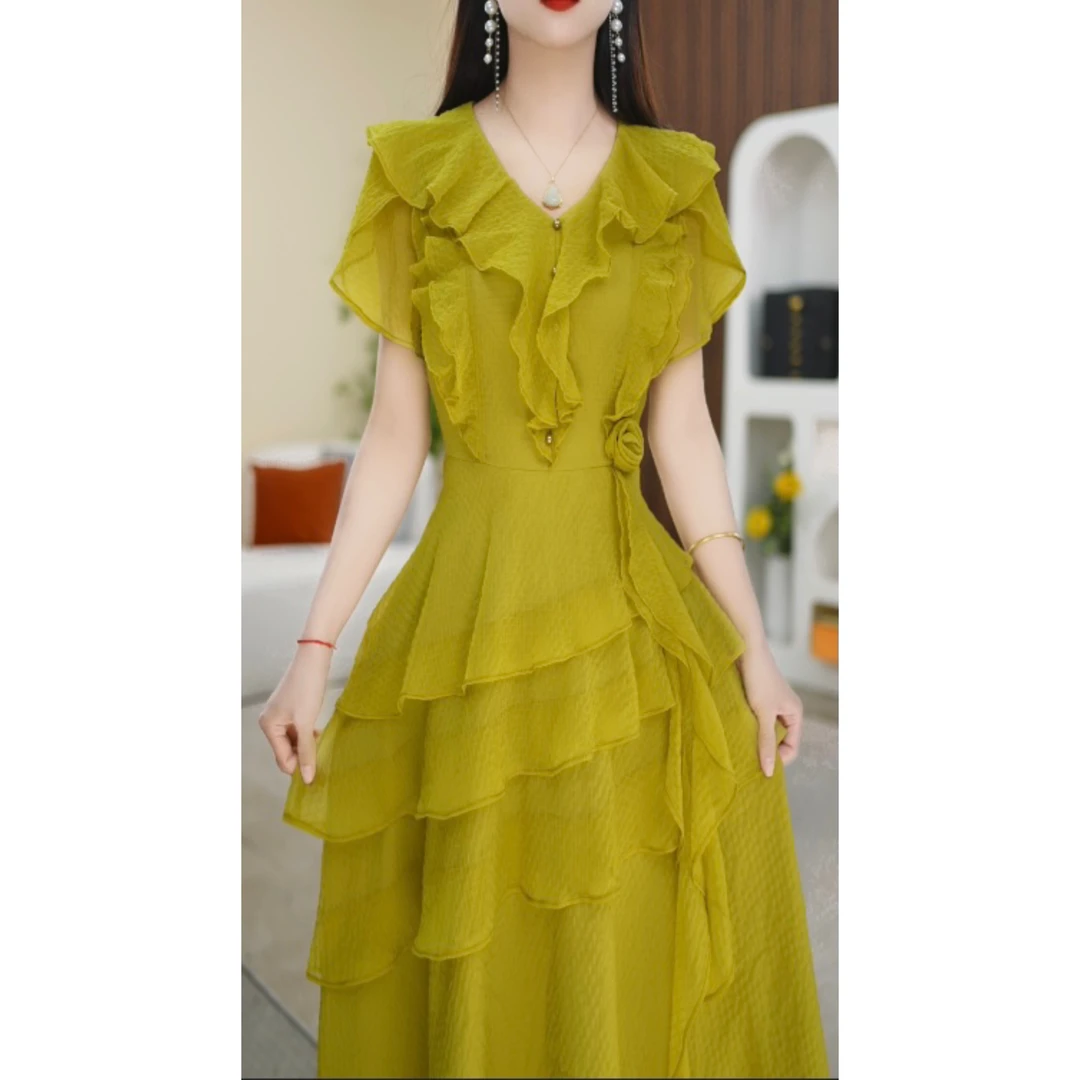 【连衣裙】夏季V领时尚法式复古优雅气质显瘦中长款连衣裙M-4XL