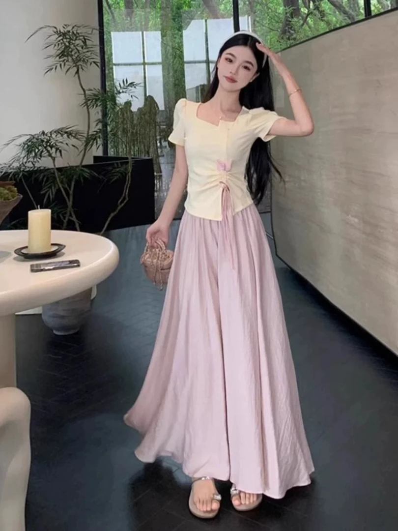 可爱甜美风短袖t恤女夏季设计感不规则辣妹抽绳短袖A153