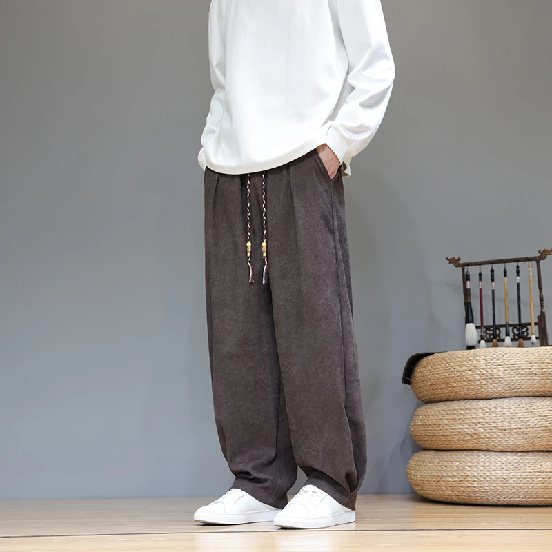 新中式灯芯绒裤子男士秋冬哈伦裤复古风休闲宽松大码中国风阔腿裤