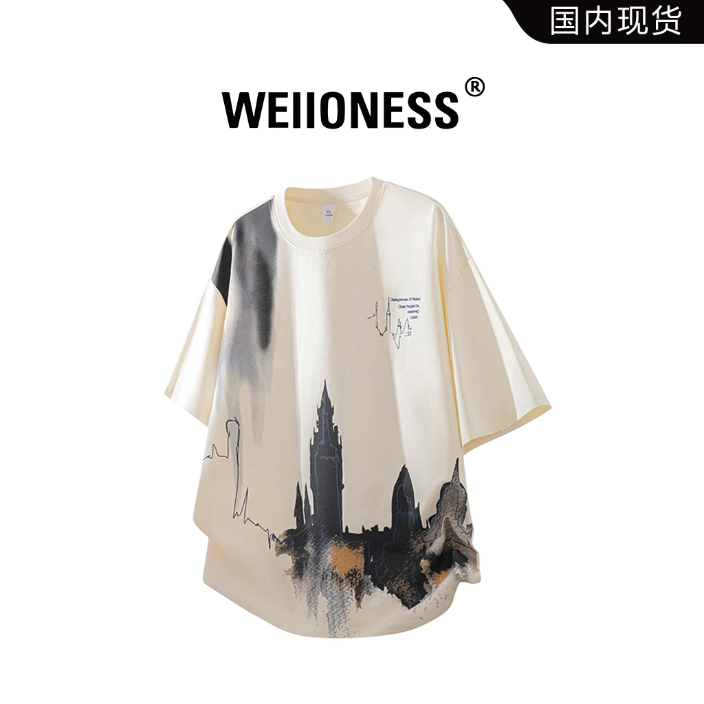 WEIIONESS圆领撞色短袖T恤男夏季冰感休闲宽松潮流印花上衣高级感