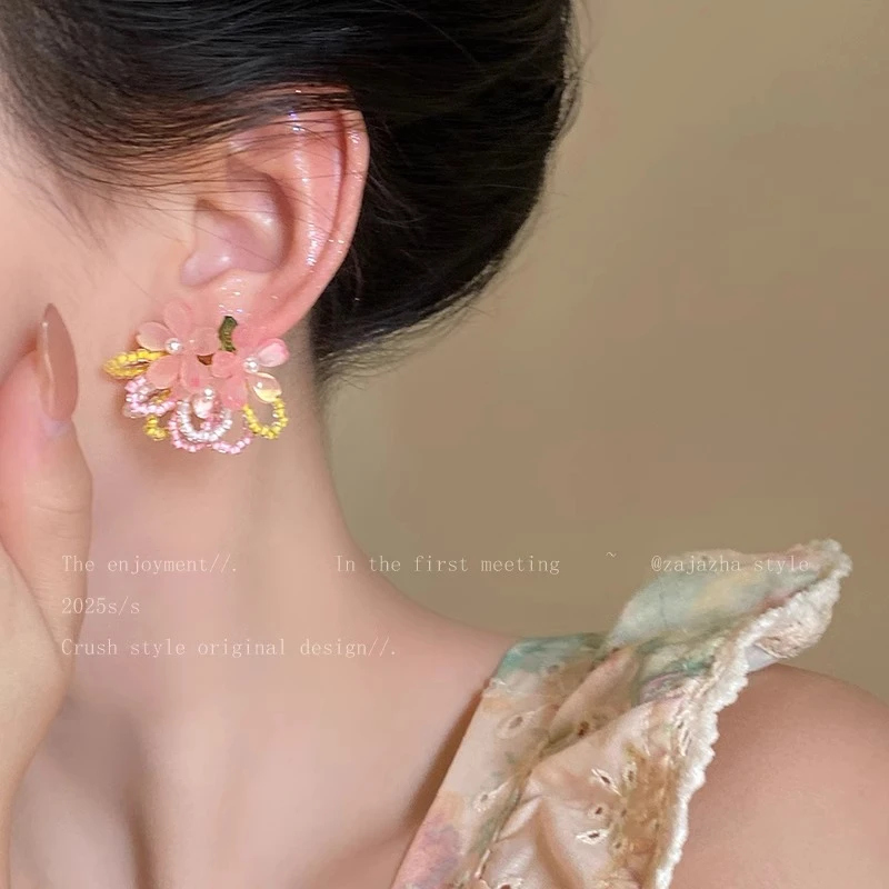 合金树脂耳饰 多巴胺串珠花朵耳环女春夏甜美百搭高级感耳钉耳饰