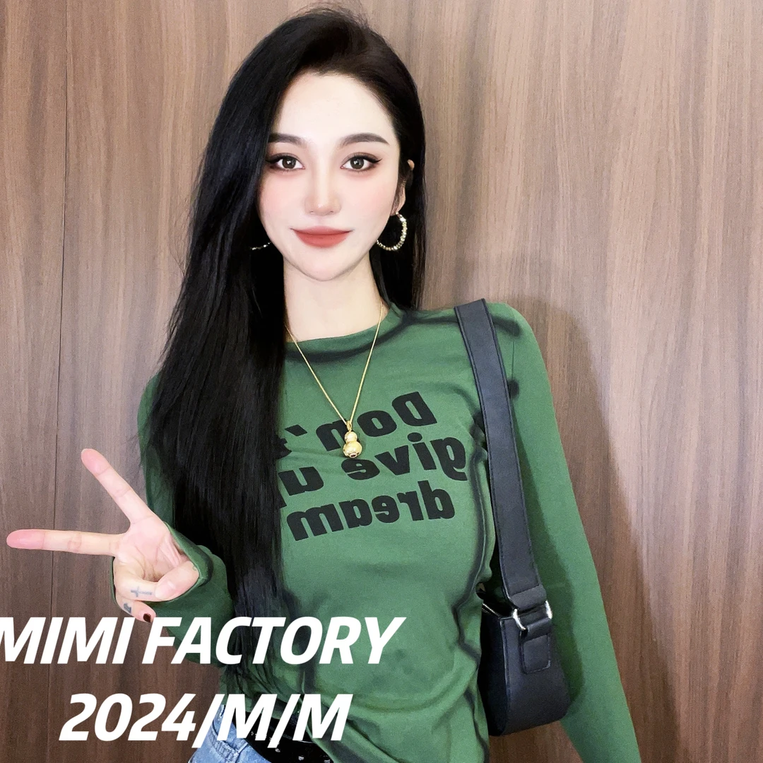 芈芈-2025新款长袖 描边设计字母长袖T恤女修身显瘦休闲时尚XCTQ