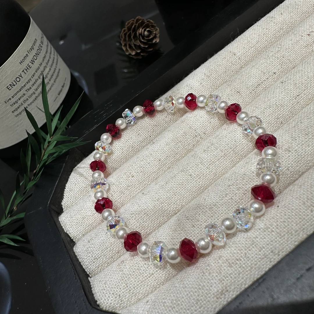 非金属仿水晶手链 施家原创酒红水晶珍珠简约款手链