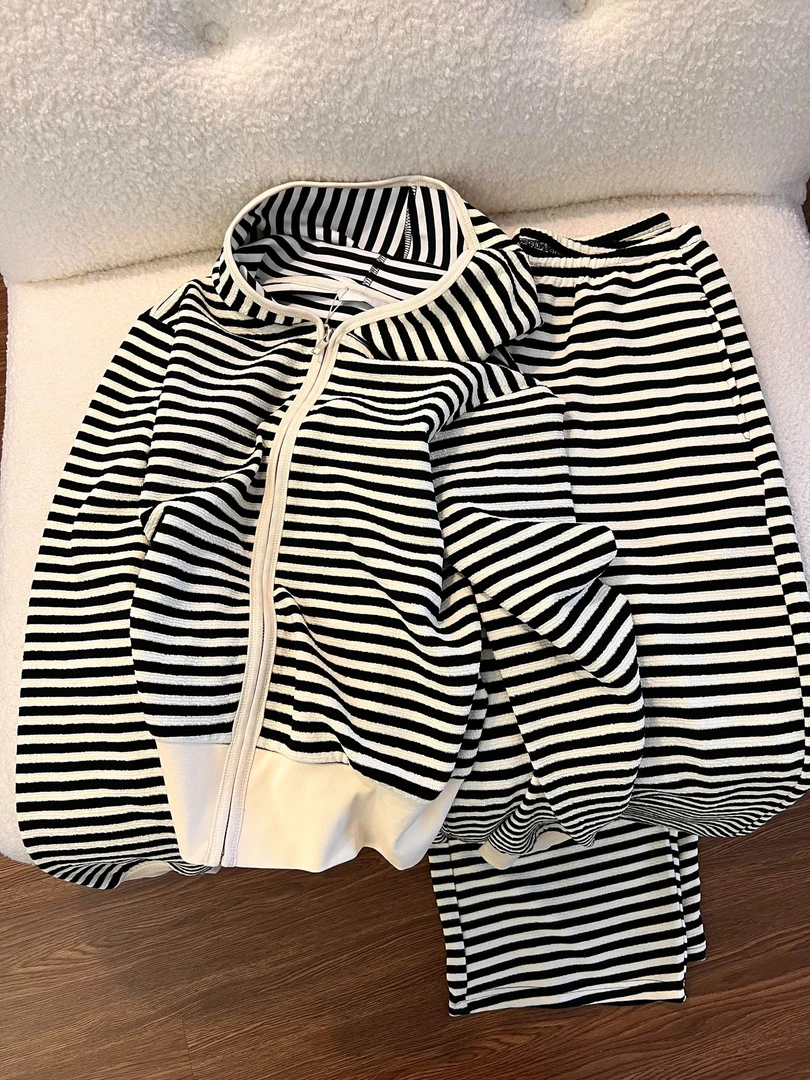 韩系简约风斑马纹睡衣女秋慵懒休闲长袖外套吊带长裤三件套可外穿