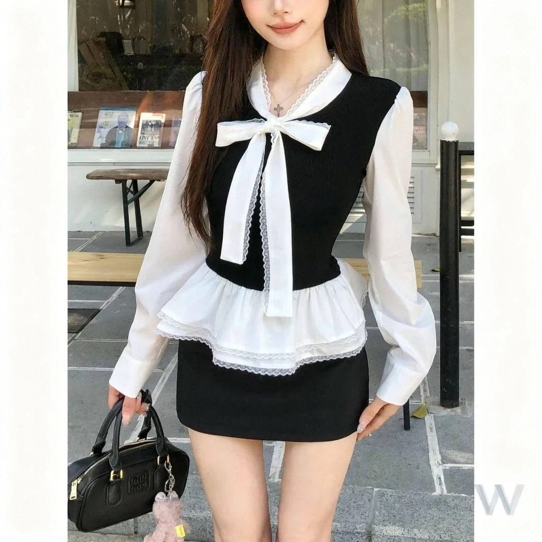 2025早秋新款蕾丝花边设计感修身拼接黑色上衣显瘦半裙两件套女