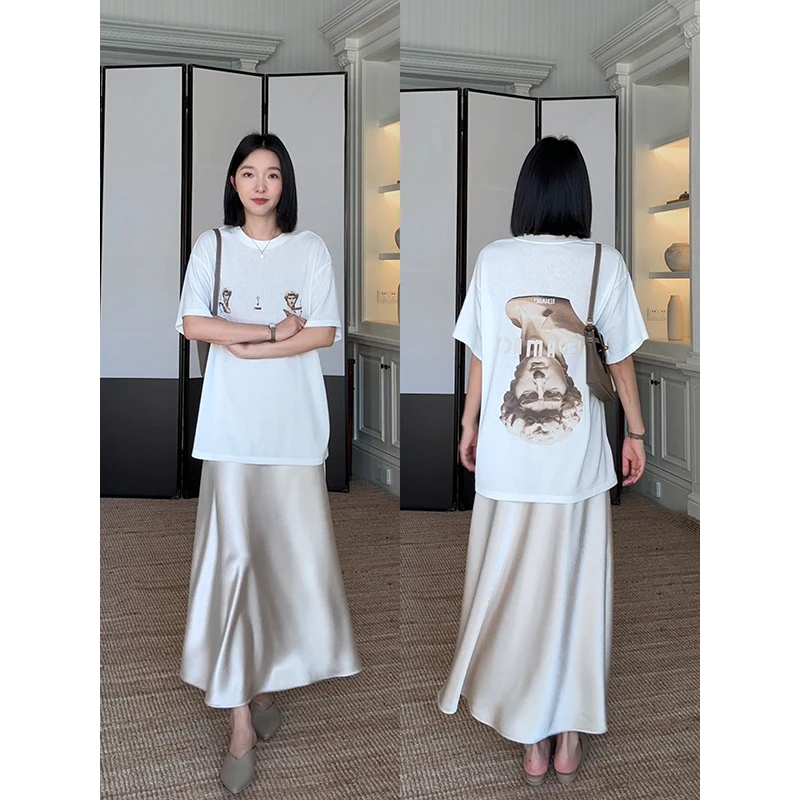 郭九九呢 天丝棉宽松圆领印花短袖T恤缎面鱼尾半身裙 G925A07801
