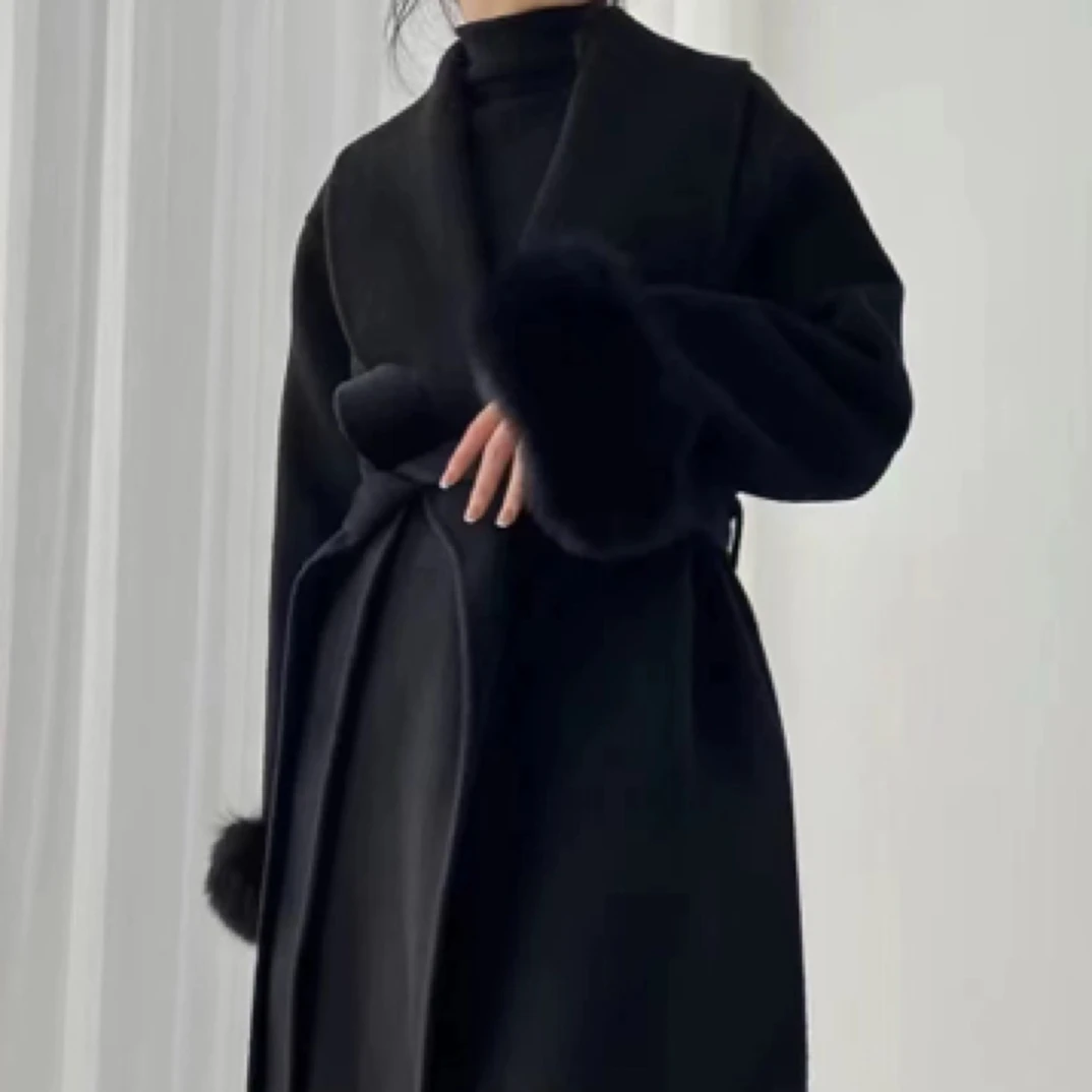 睡袍双面羊毛腰带显瘦外套女士韩版轻奢双面呢外套秋冬呢大衣