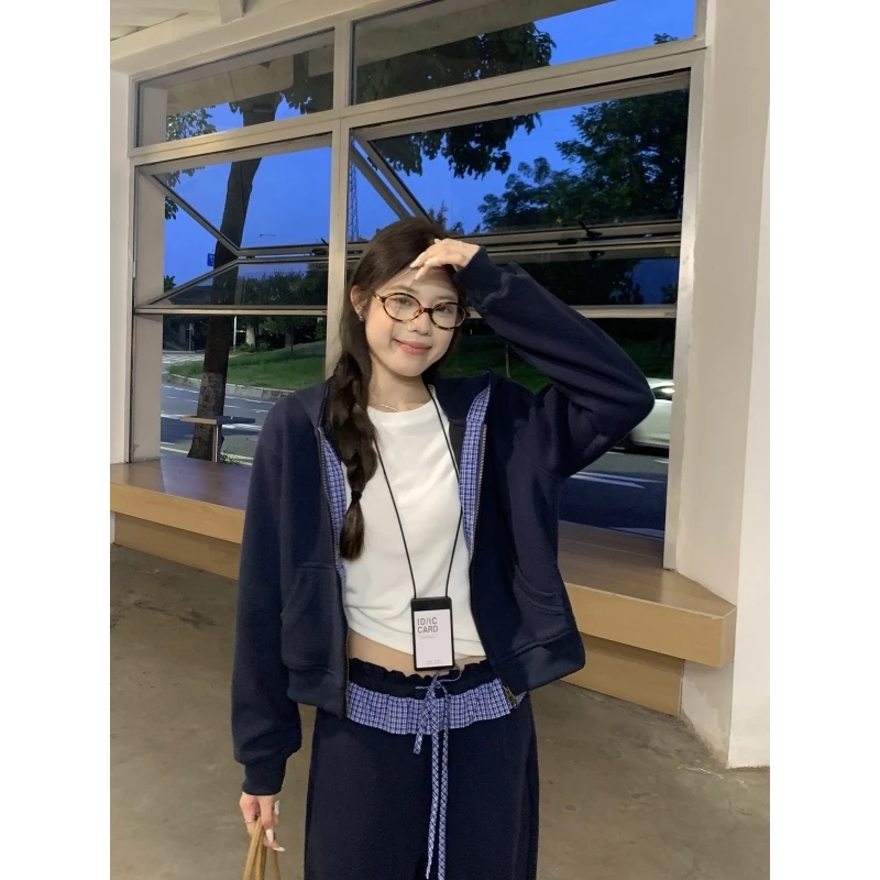 【年终捡漏】乌77美式复古时尚套装女连帽撞色格子外套花边抽绳