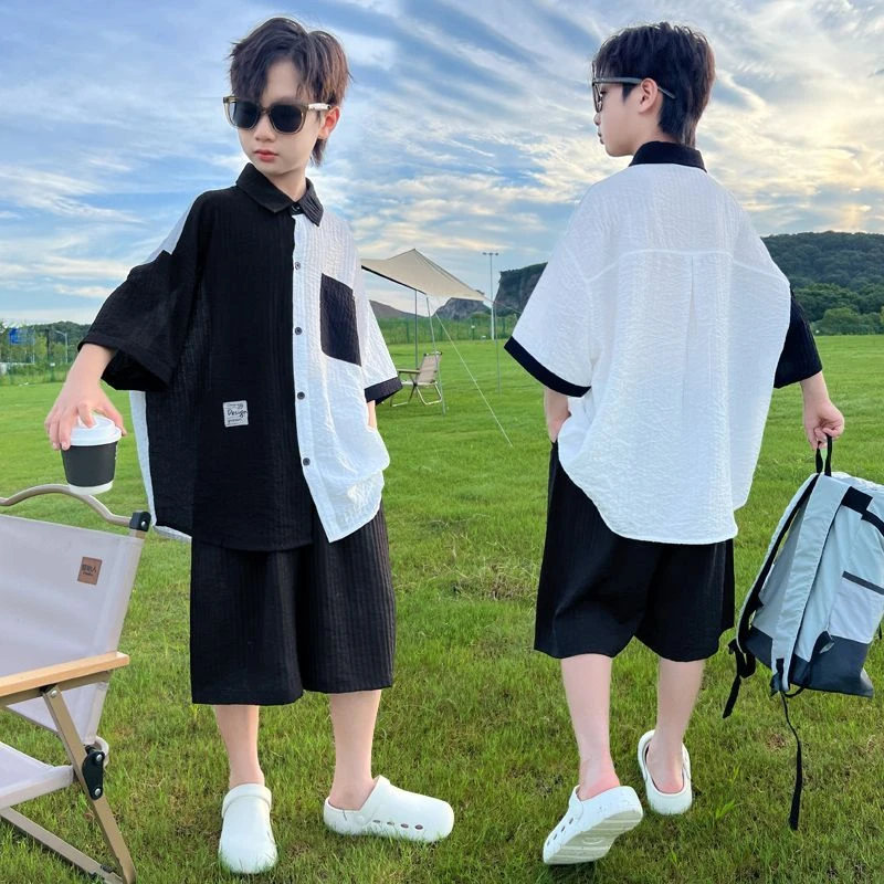 男童夏装套装2025新款儿童夏季短袖衬衫两件套中大童帅气男孩潮酷