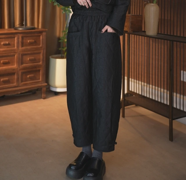 冬季新款桑蚕丝香云纱棉裤复古宽松中式棱格纹女士休闲直筒裤932