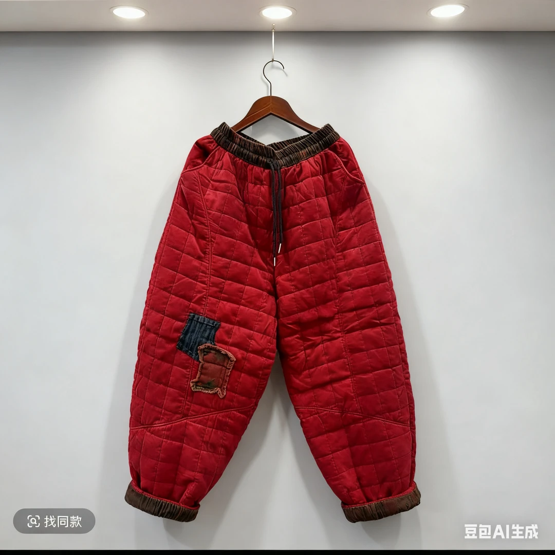 冬季新款加绒加厚宽松大码显瘦百搭贴布复古哈伦老爹裤