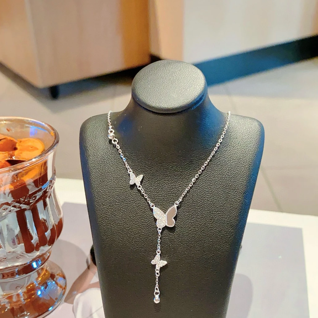 坠链均925银锆石 纯银蝴蝶流苏项链 高级轻奢潮品银饰