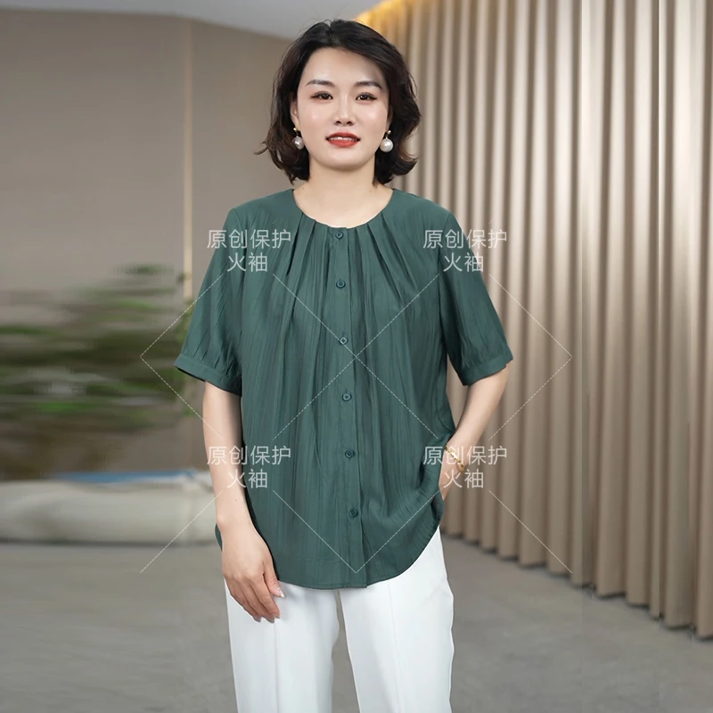 火袖G250时尚洋气中老年女装夏季新款宽松百搭显瘦气质单排扣小衫