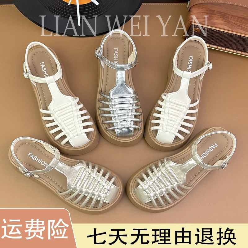 2025夏新款外穿厚底松糕跟中跟猪笼凉鞋女绝美镂空罗马鞋包头女鞋