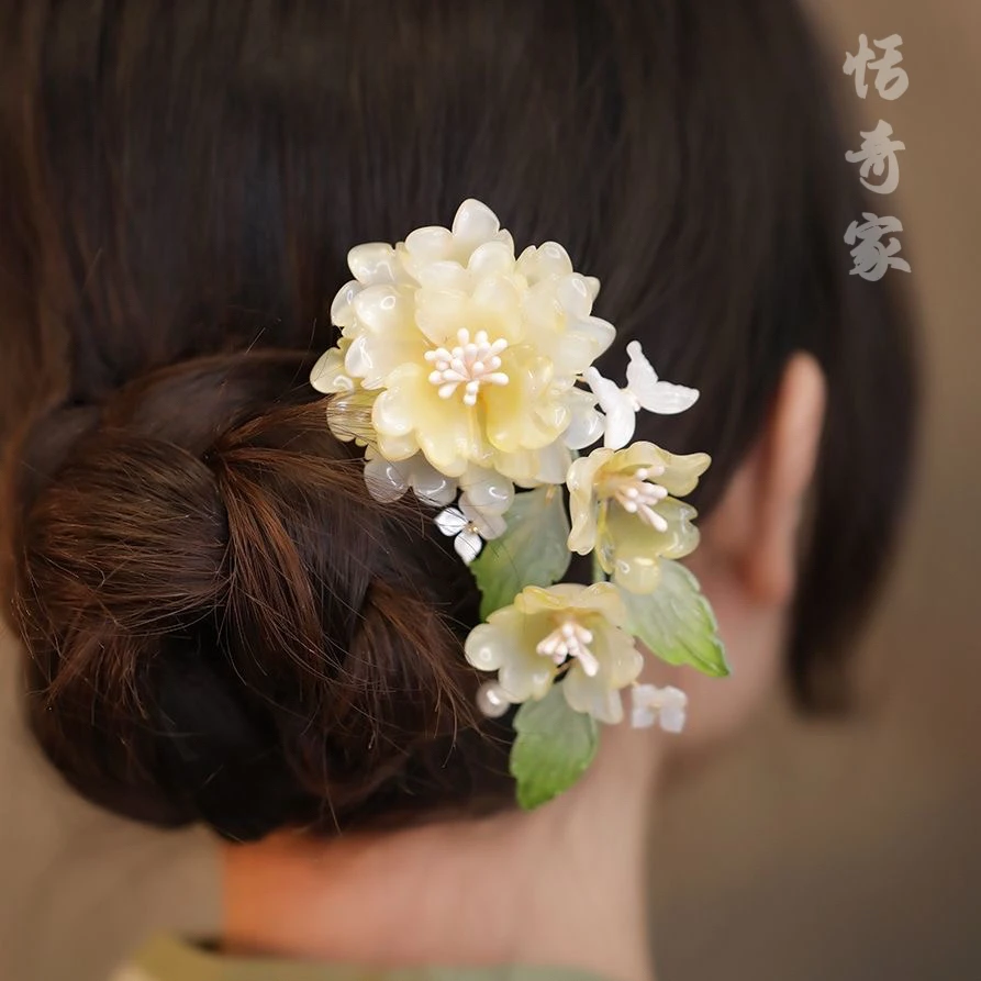 恬奇家z1836“新绿”高定琉璃大花森系双钗发簪发饰清新U型簪重工款