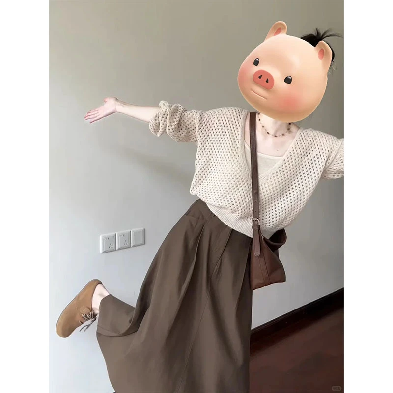 时尚穿搭女士秋季镂空长袖宽松显瘦小众上衣设计感气质百搭半身裙