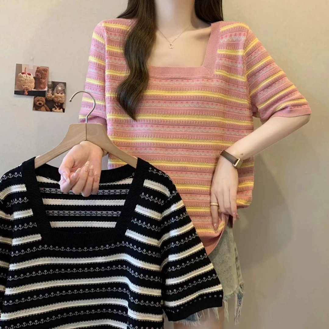 方领正肩撞色条纹短袖针织衫短袖女款爆款2025新款宽松遮肚子