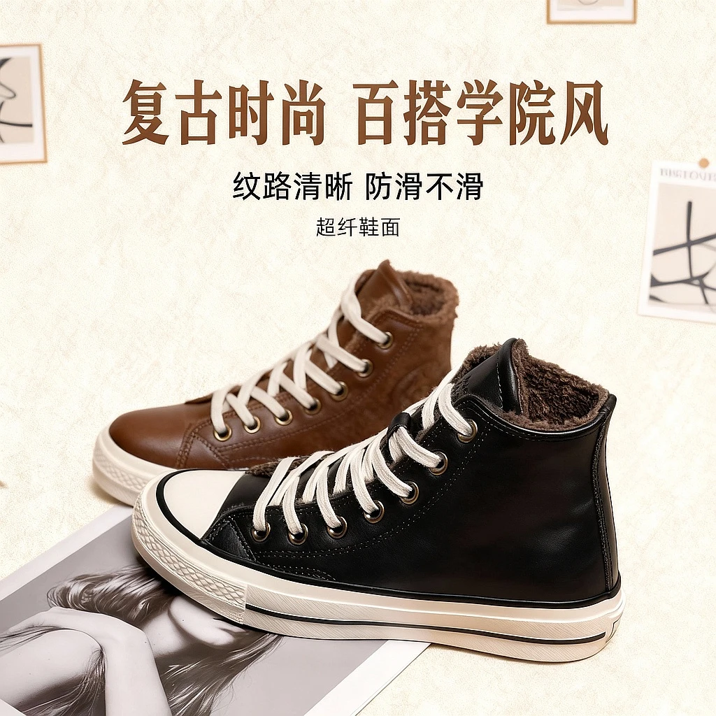 火星几何加绒高帮男士休闲鞋2025秋冬时尚百搭棉鞋复古保暖帆布鞋