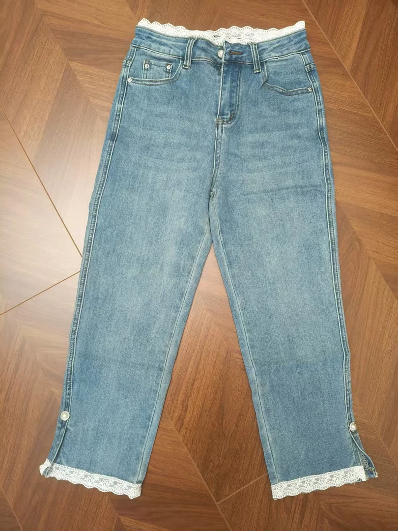 museguhui/木色古汇2621#拼接蕾丝休闲春夏百搭浅蓝色烟管裤