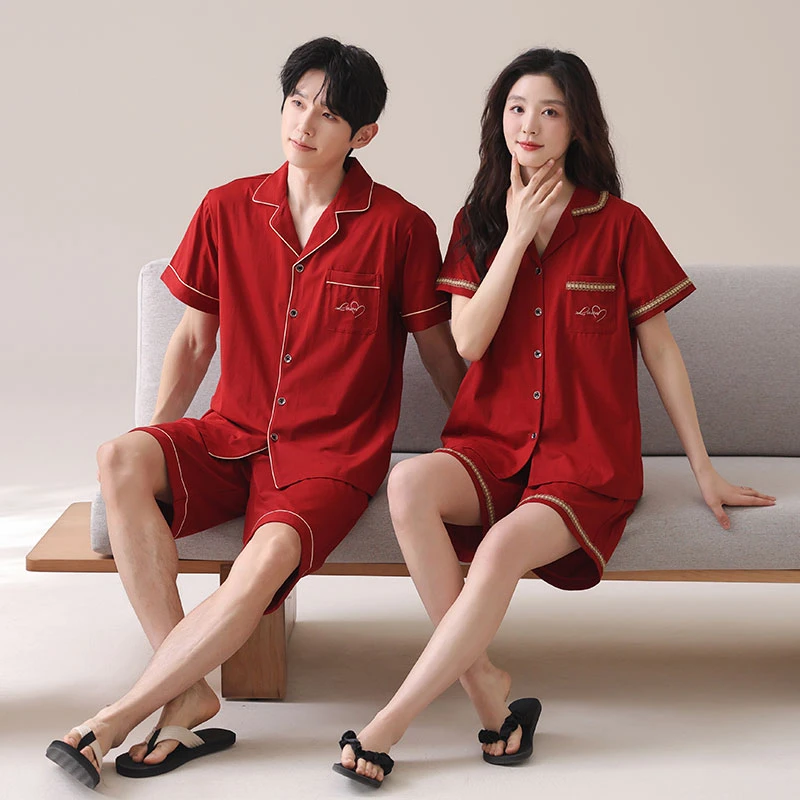 睡衣情侣夏季短袖莫代尔凉感开衫薄款时尚红色结婚新娘家居服套装