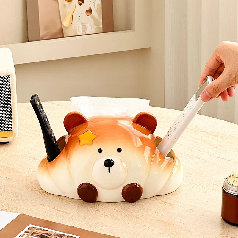 创意可颂熊纸巾盒家用客厅手机支架餐巾纸盒茶几餐桌陶瓷抽纸盒