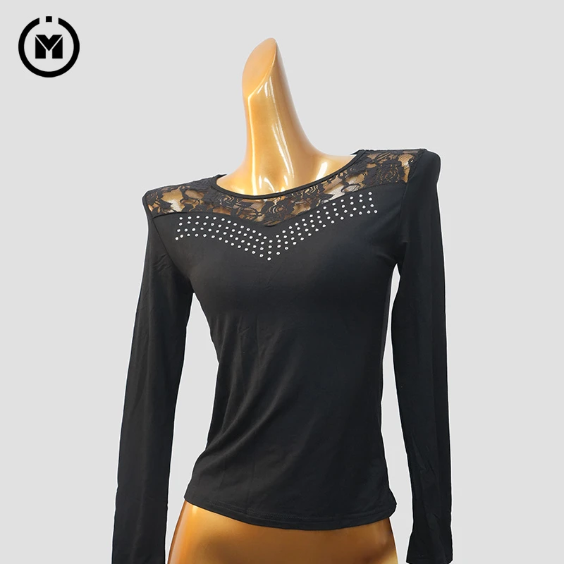 IAMYC摩登舞交谊舞新款秋冬长袖圆领拼接蕾丝烫钻上衣BW1009