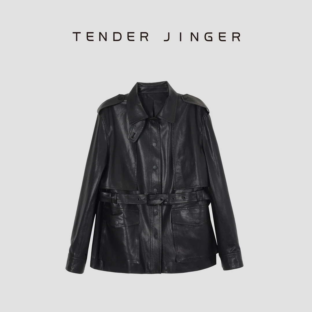 Tender Jinger【黑标】收腰系带风衣植鞣皮衣外套T51MDD80004