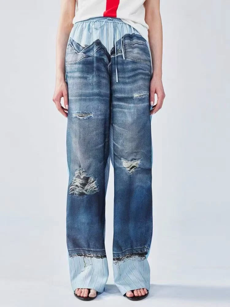 UOOYAA/乌丫超现实牛仔印花长裤1799