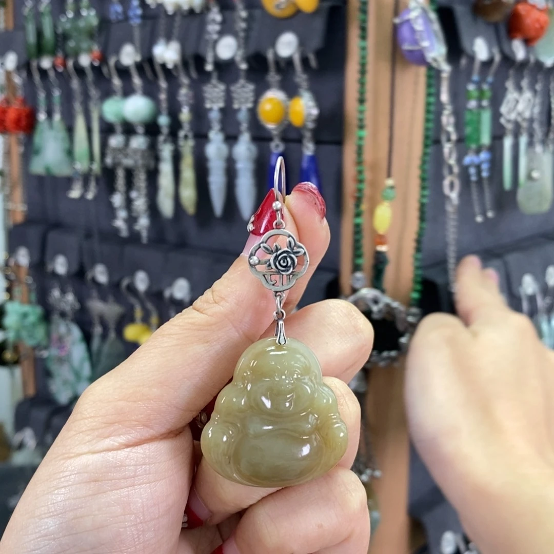 和田玉银S925镶嵌耳饰木*花X31