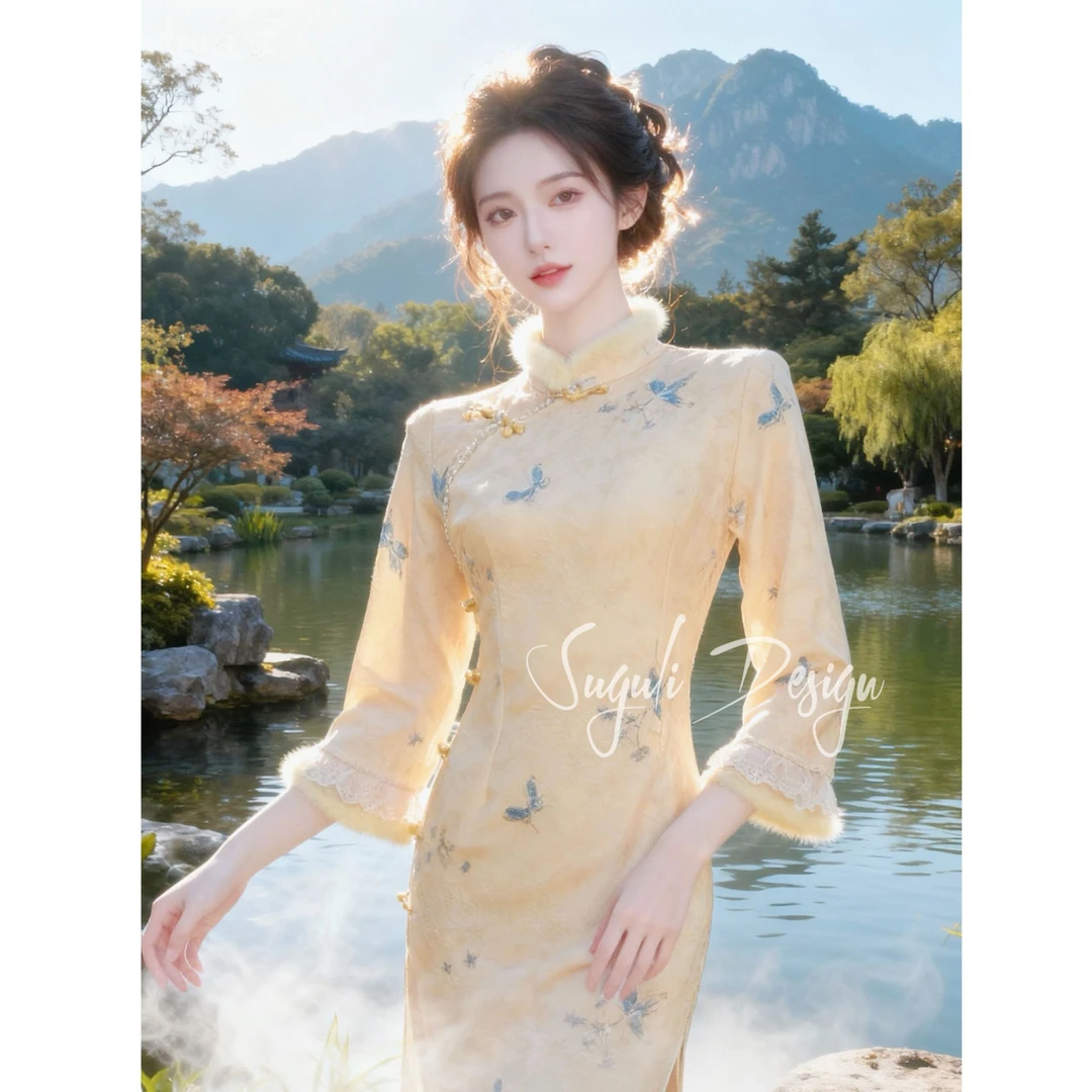 苏故里【蝶恋花】加绒刺绣修身文艺显瘦新中式日常旗袍气质衣长120