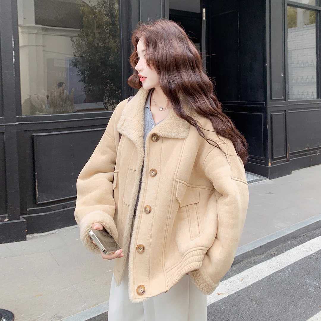 小个子皮毛一体羊羔毛外套女冬季2025新款超好看的韩系氛围感棉服