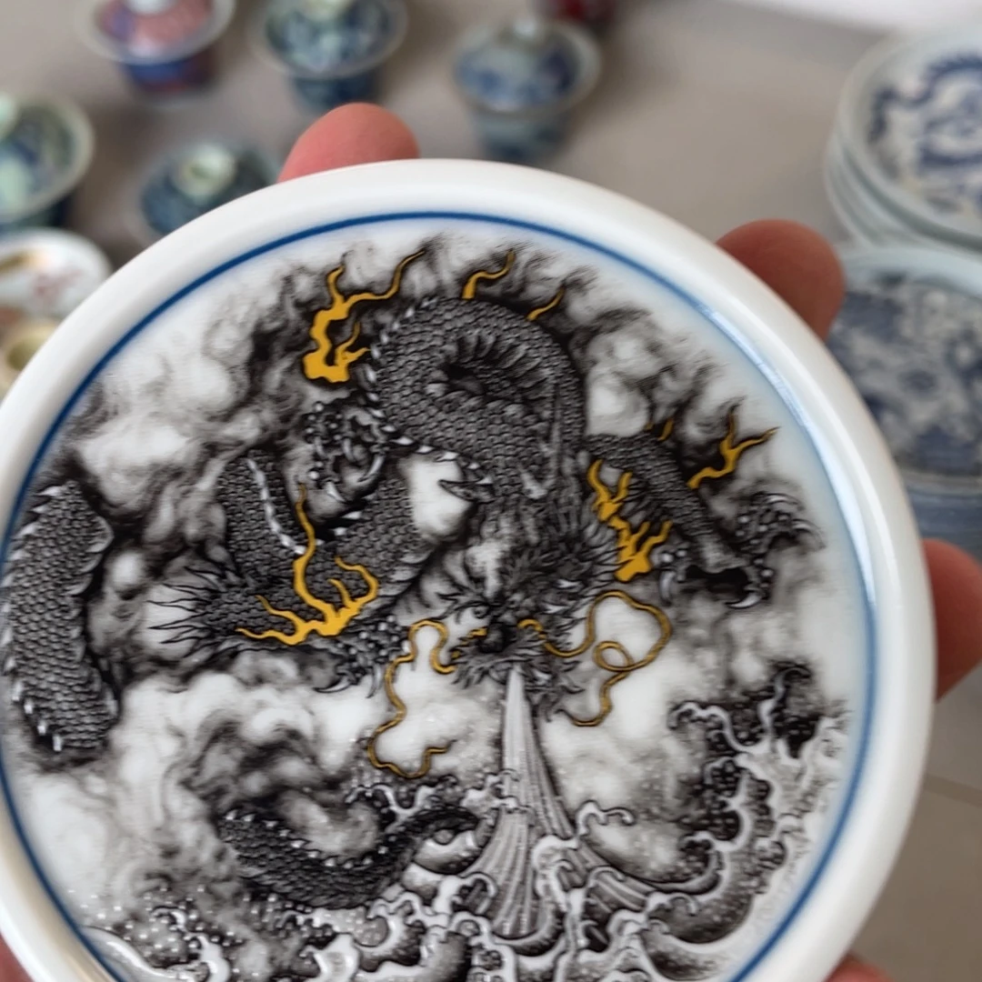 瓷片景德镇黑墨龙游海盖置