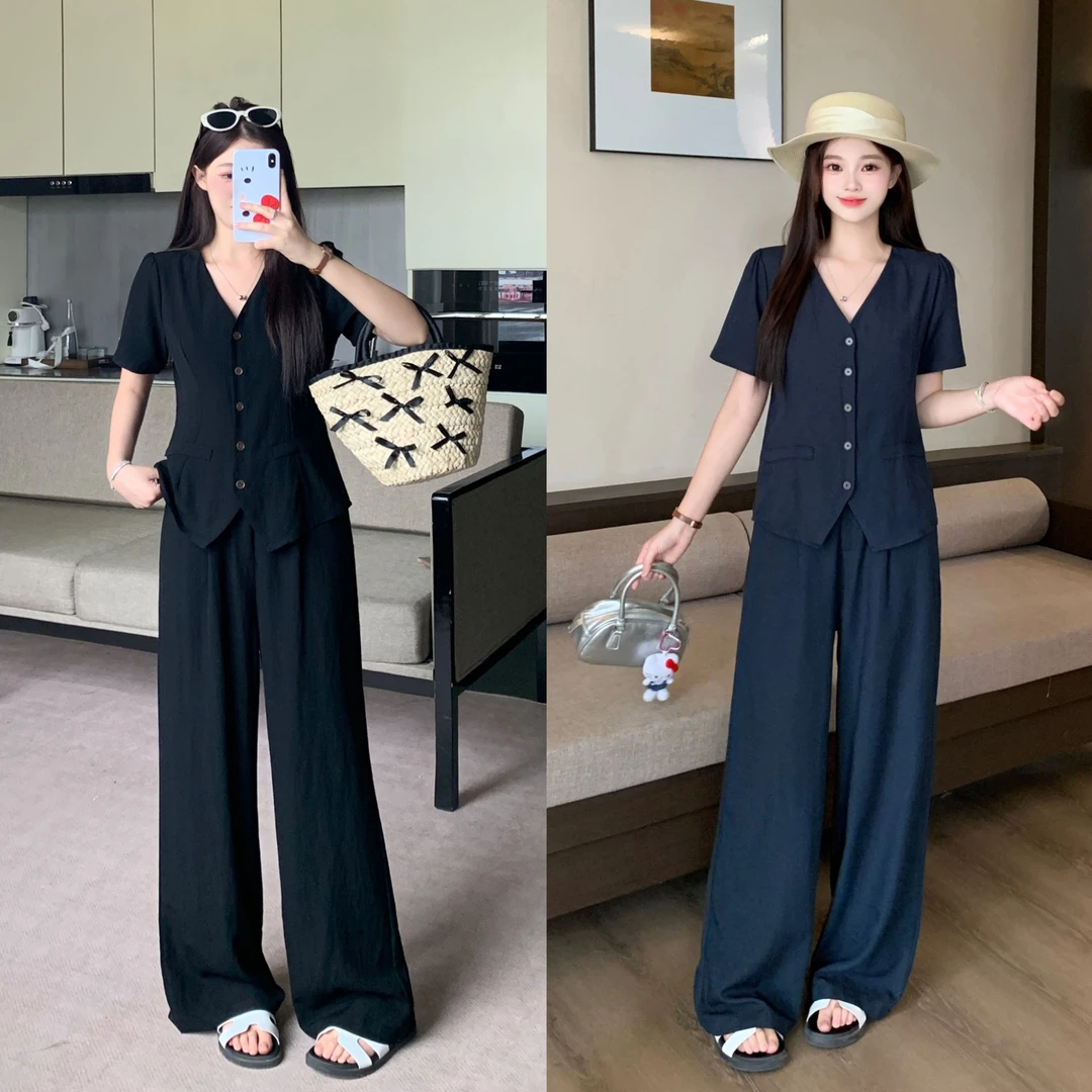 大码女装2025夏季新款休闲风显瘦胖妹妹短袖上衣长裤两件套2131