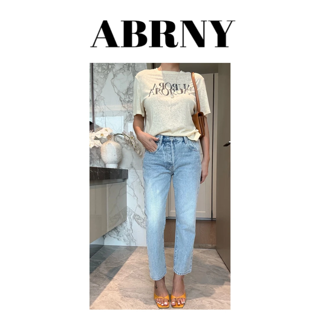 许小黑【南法清晨】新款进口土耳其无弹扣子高腰九分直筒牛仔裤013