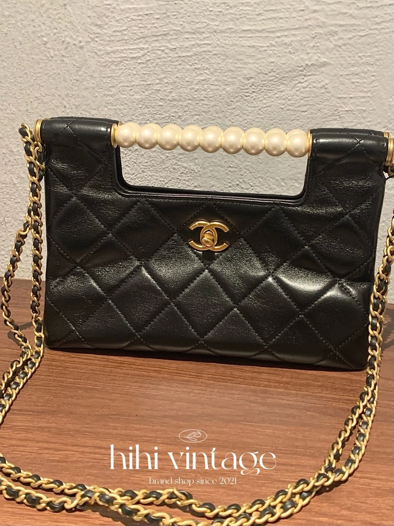 99新 Chanel/香奈儿 闲置25P 黑金珍珠菱格斜挎包手提包/13039153