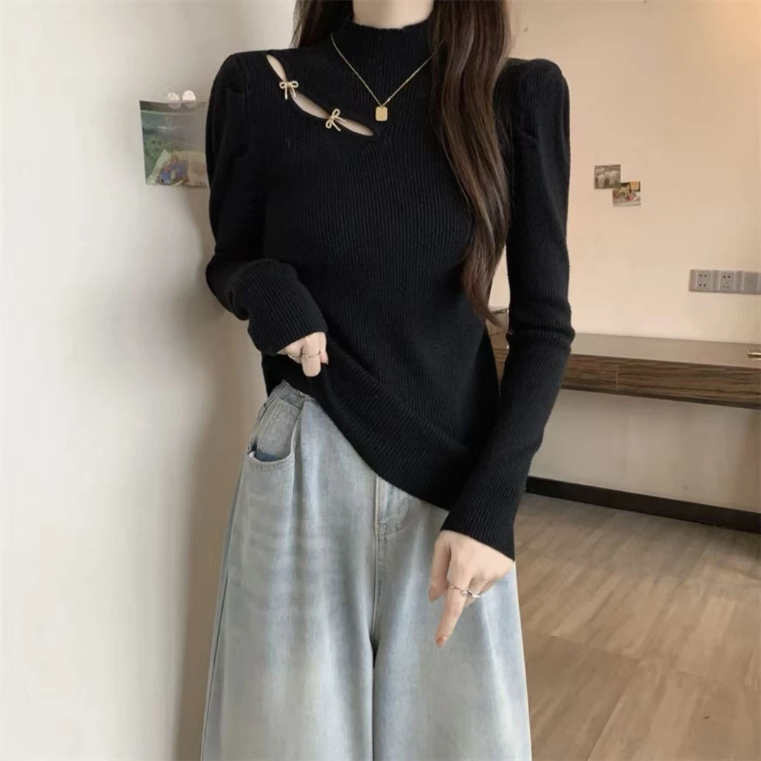 2025秋冬新款新中式镂空上衣盘扣半高领打底衫内搭显瘦修身上衣