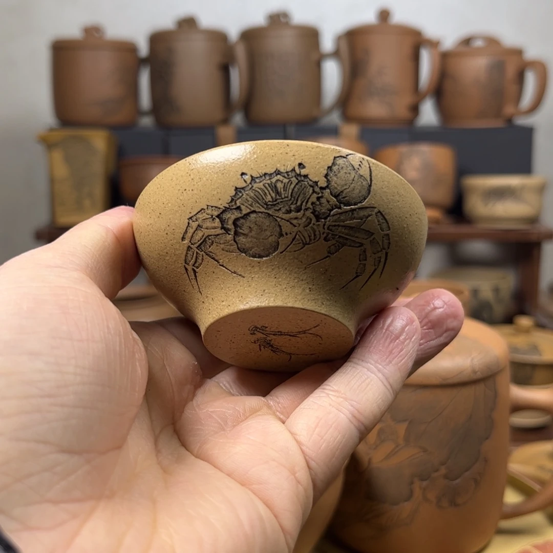 紫砂杯子完**暴微瑕疵无锦盒螃蟹刻绘紫砂主人杯