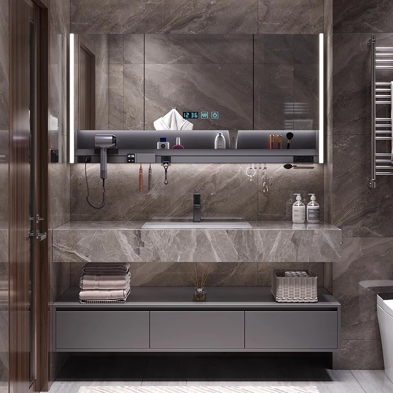 【岩板陶瓷无缝】意大利灰浴室柜组合轻奢简约家用洗手池面盆洗漱台