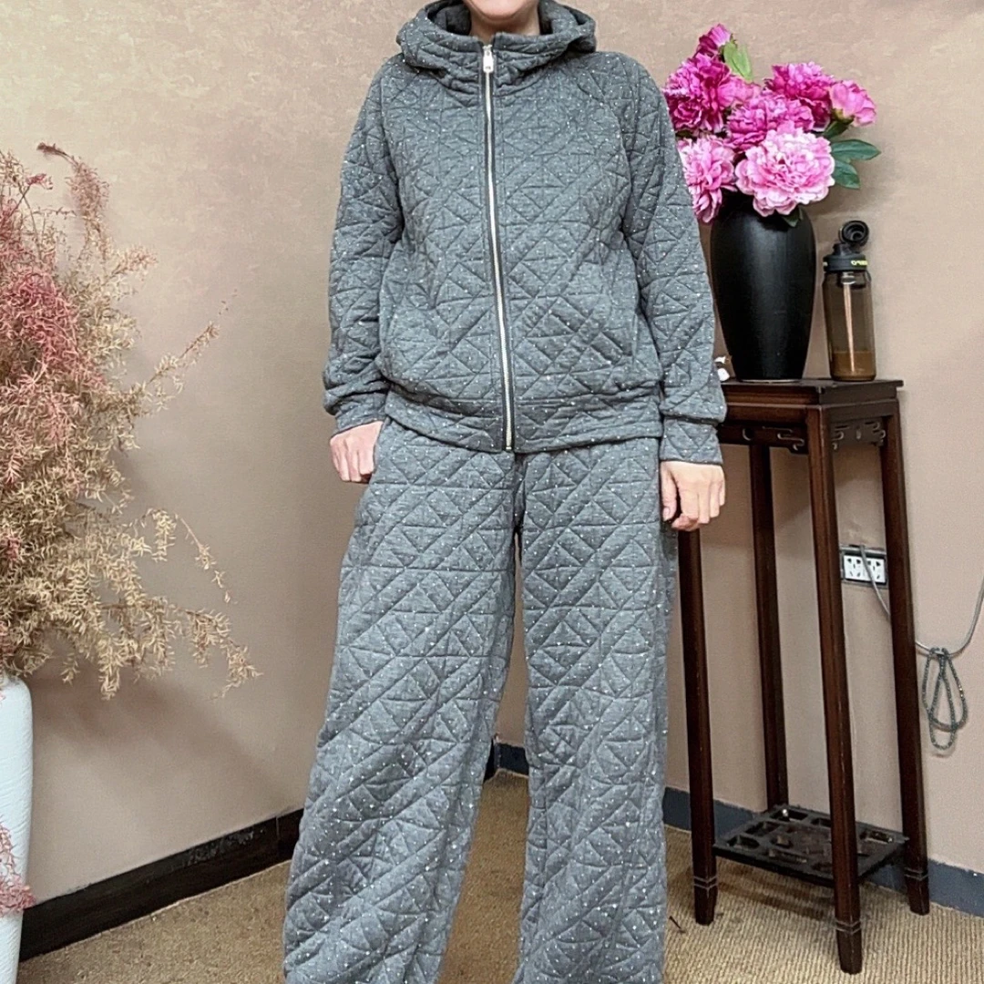 三姐家秋冬加厚菱格针织连帽宽松休闲风卫衣套装