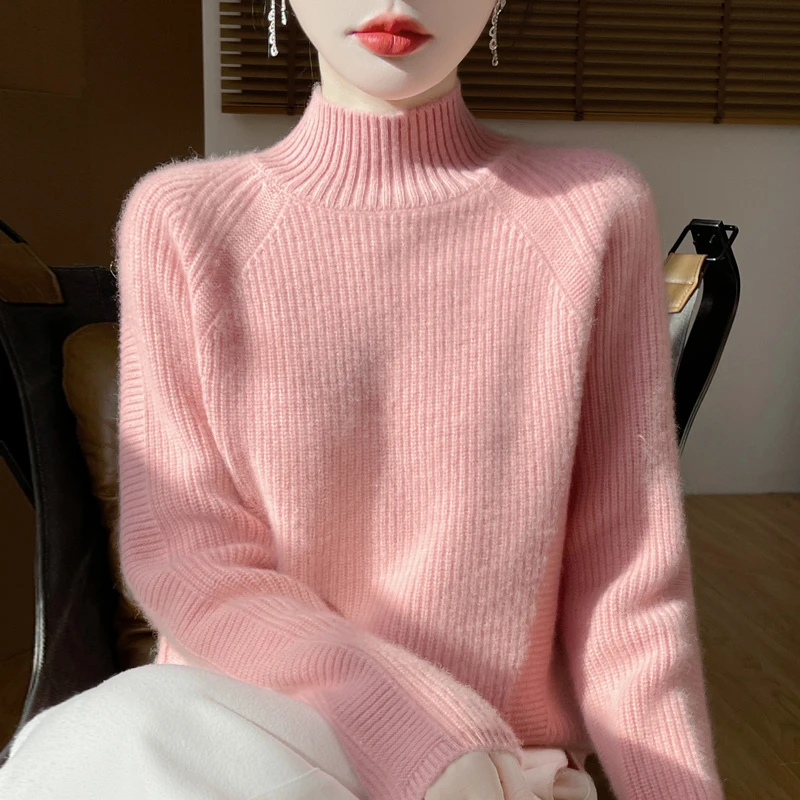 女士半高领羊毛衫加厚元宝针套头毛衣100%纯羊毛针织打底衫
