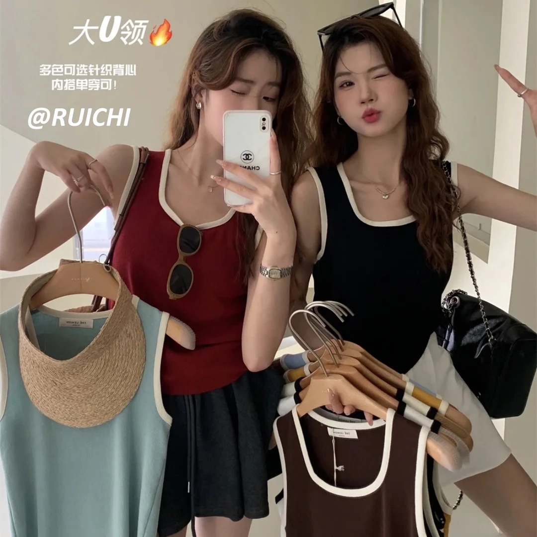 简约韩版辣妹风短款拼接设计感无袖吊带夏季内搭通勤背心