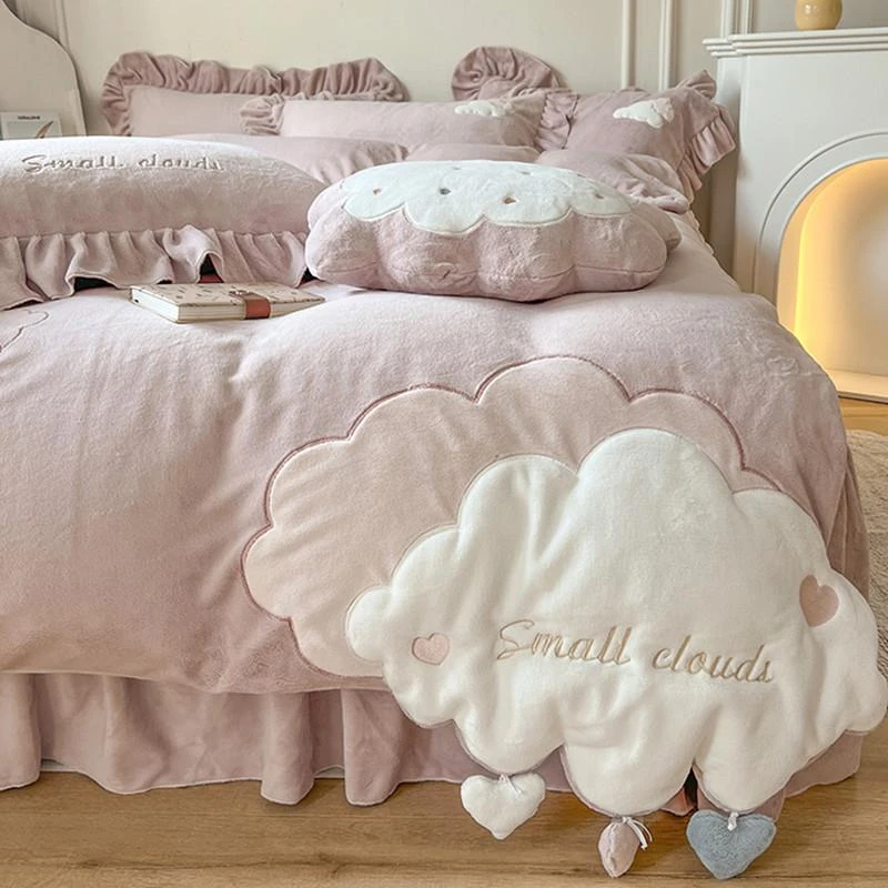 水星高端家纺ins少女心加厚保暖牛奶绒床上四件套冬季珊瑚绒双面