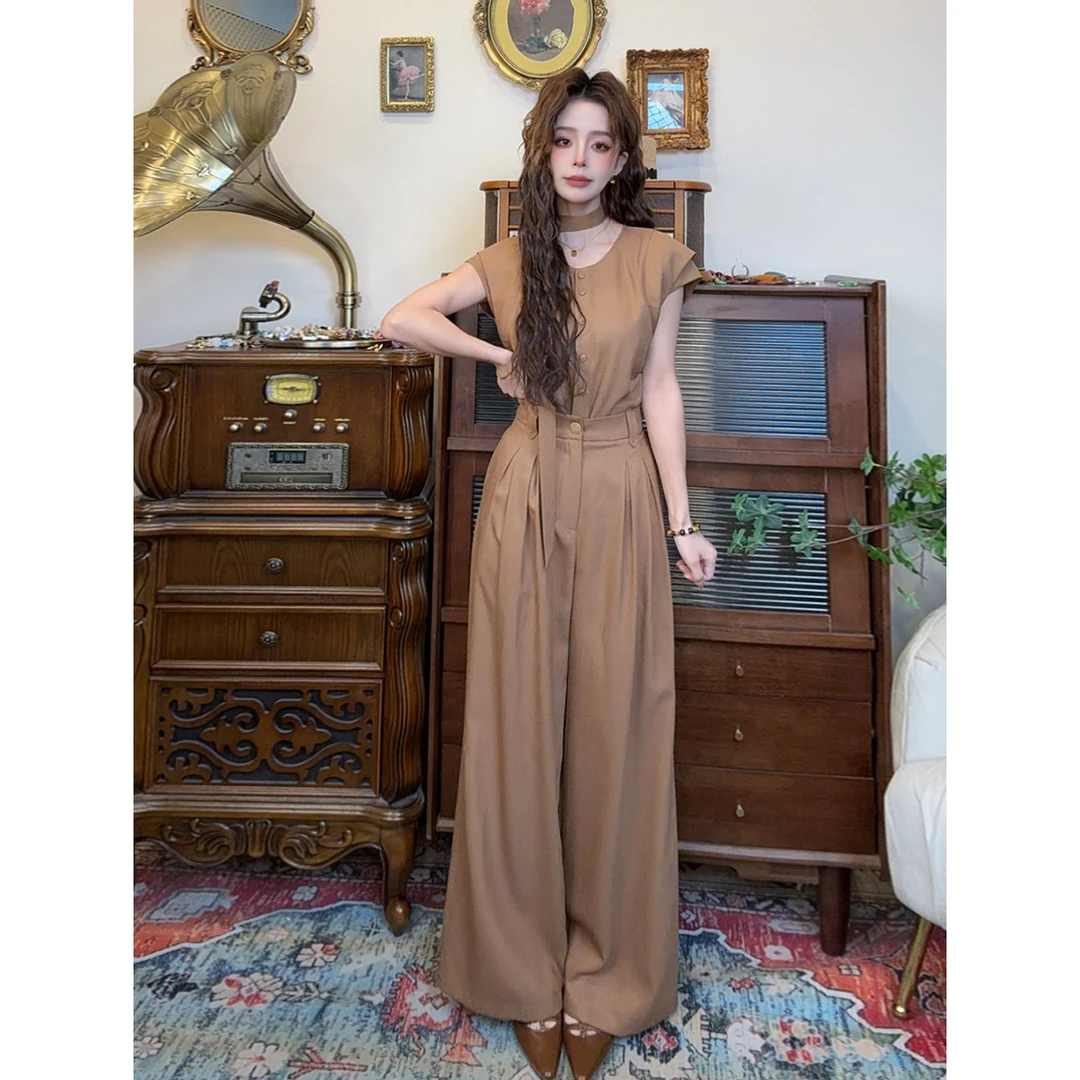 【十一港风】夏季轻奢V领飘带阔腿裤独特通勤别致套装2504T1028