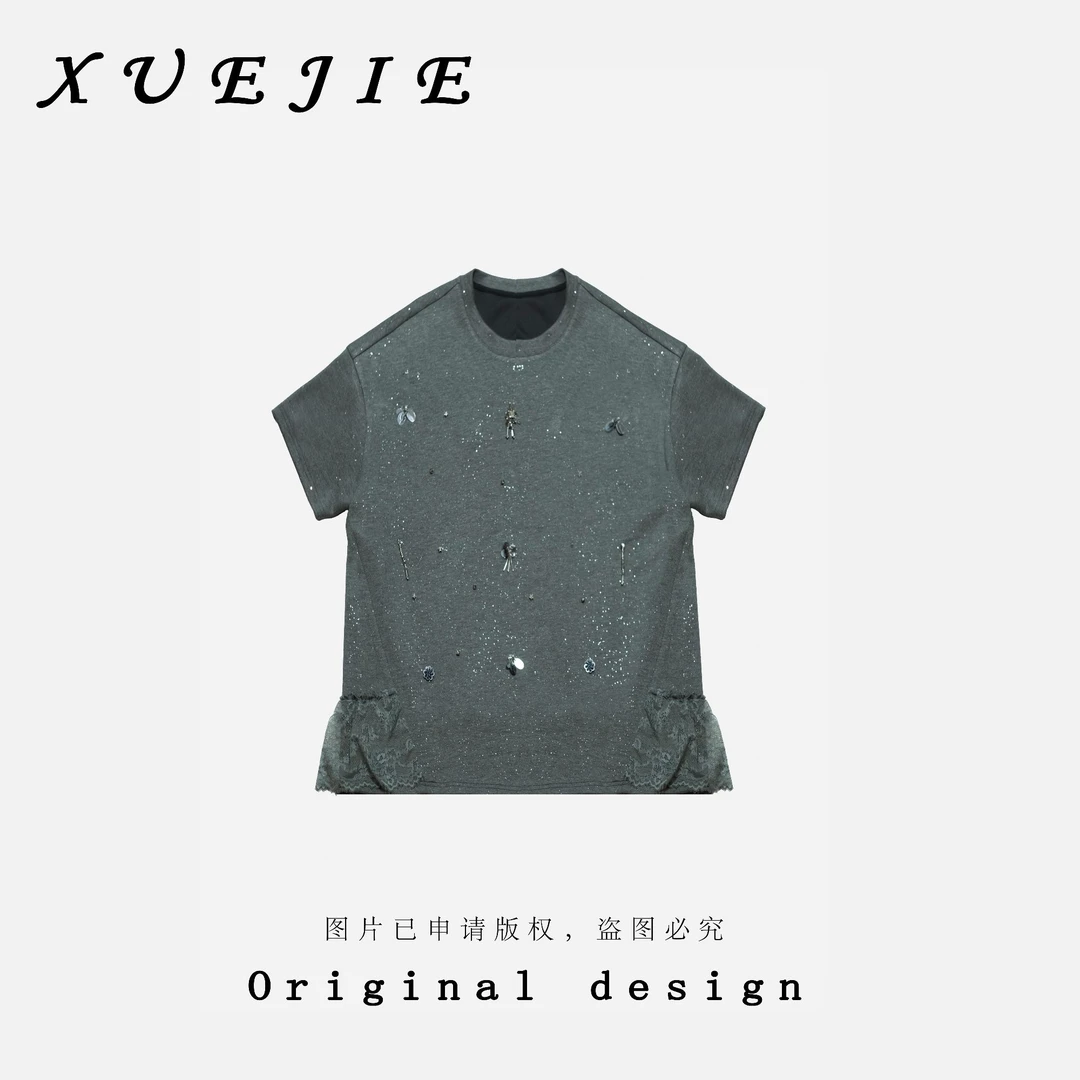 逸焰【雪姐微光星辰】90708-设计师圆领夏季纯色短袖撒银烫钻大衫