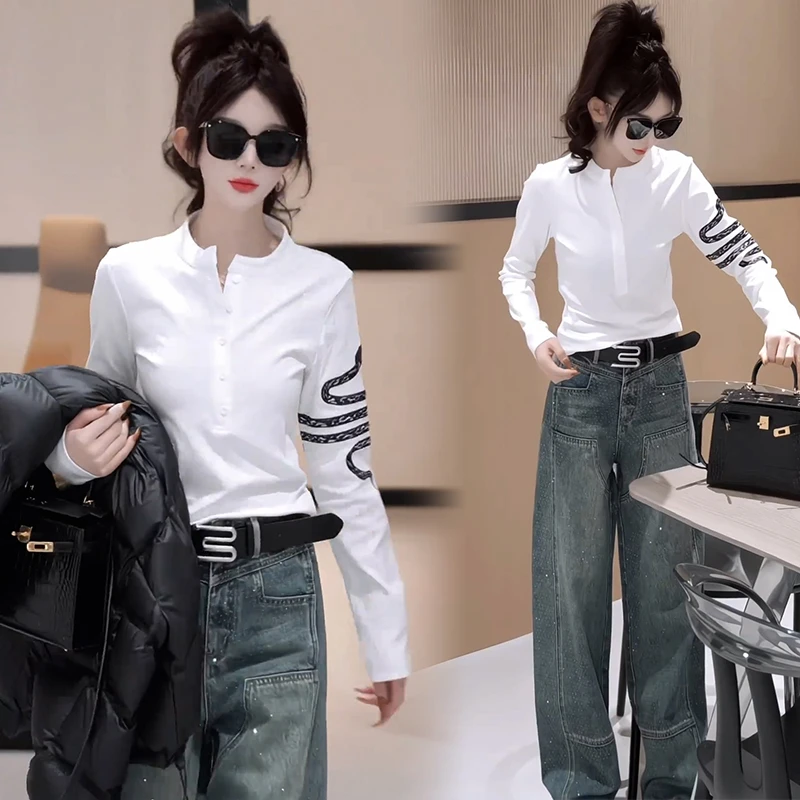 时尚立领长袖T恤女2025春季新款蛇年设计感洋气休闲百搭打底上衣