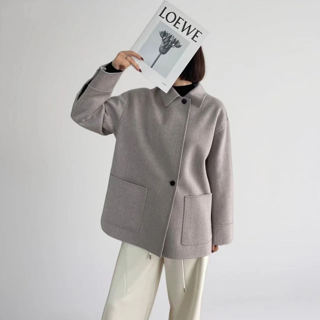 厚款直下摆意式翻领拼接羊毛混纺外套大衣双面呢中长款宽松1858-b