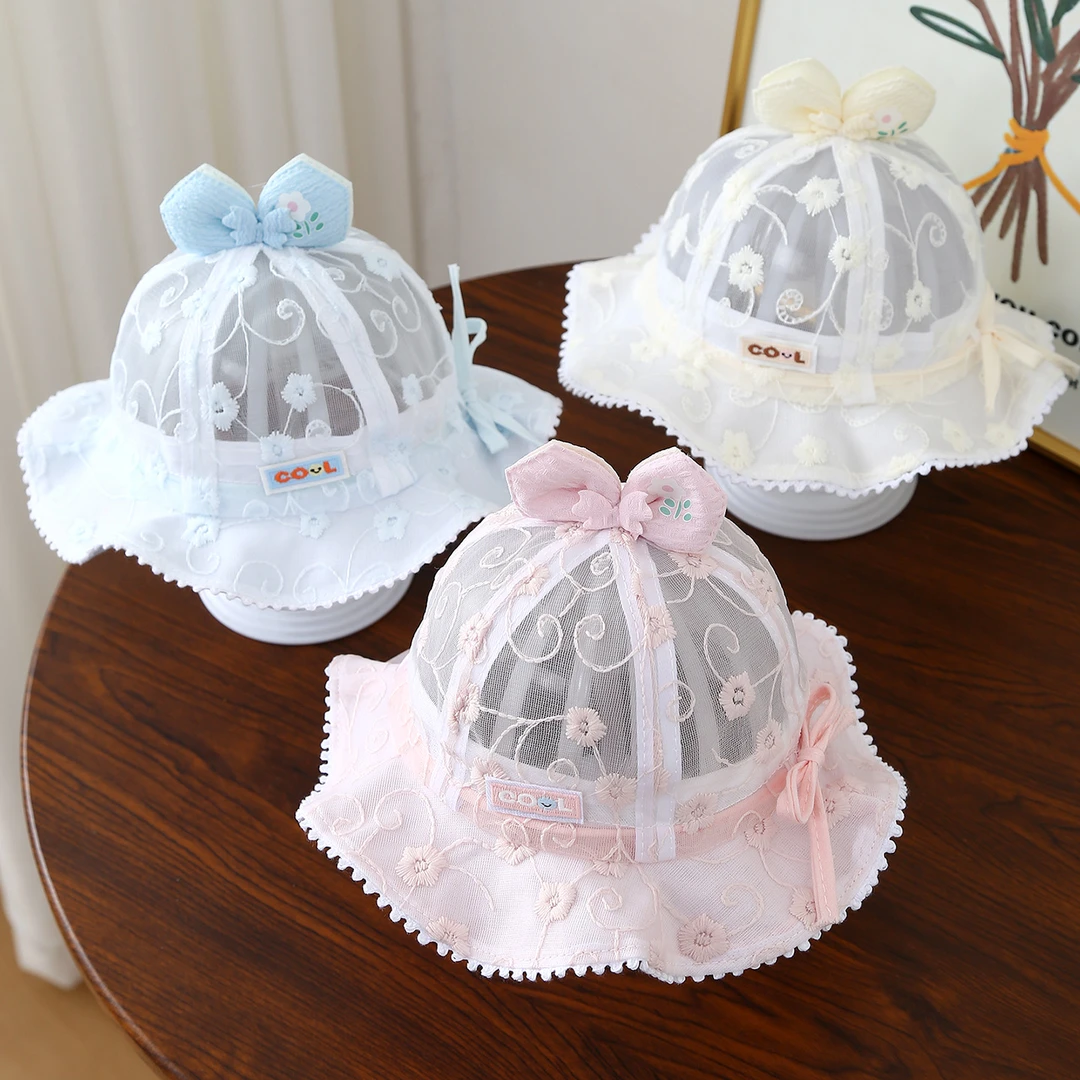 婴儿帽子夏季薄款渔夫帽女宝宝公主帽可爱甜美防晒蕾丝遮阳帽新款