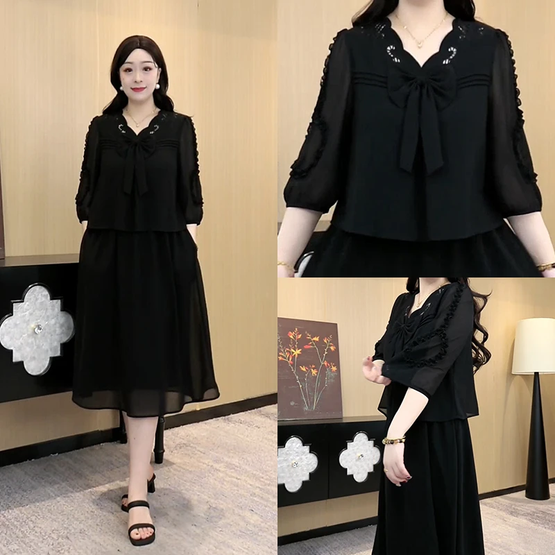 大码女装黑色气质连衣裙蝴蝶结设计感假两件裙子ZB7080